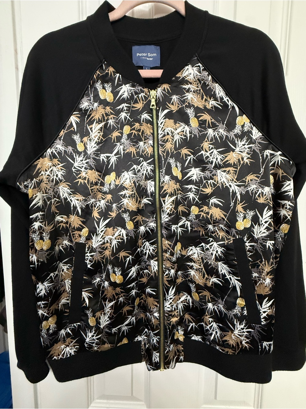 Peter Som Black Satin Bomber Jacket with Gold & White Pineapple Motif Lg (0220)